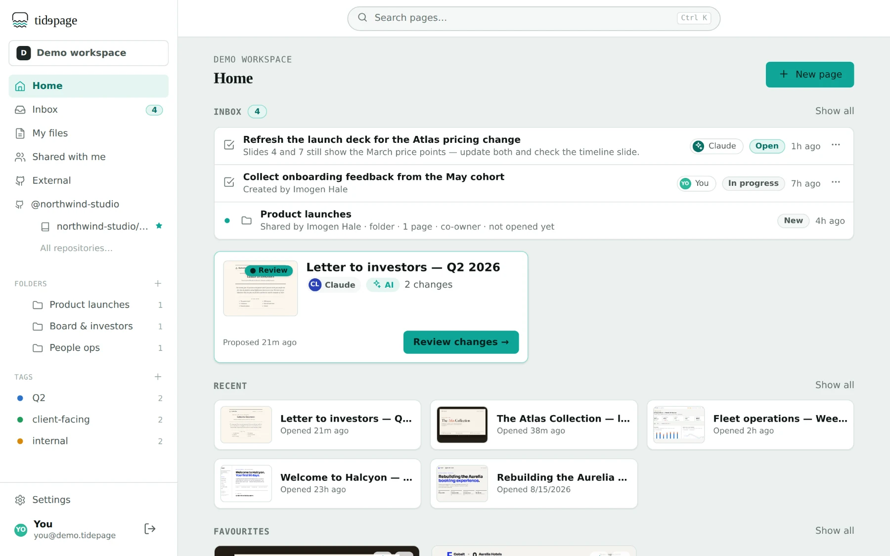 The tidepage workspace: a document waiting for review, recent pages with live previews, folders, tags and a connected GitHub repository.